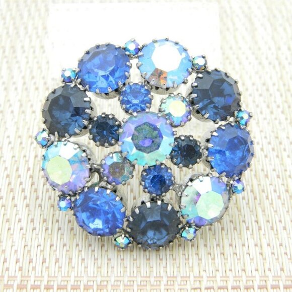 Blue Aurora Borealis Rhinestone Silver Tone Pin - Picture 1 of 4